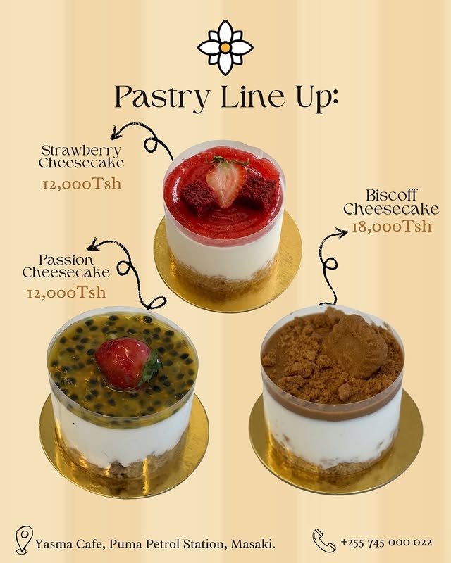 Yasma pastry line up poster with three cheesecakes