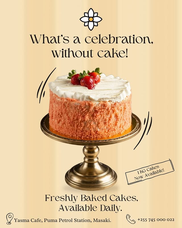 Yasma poster announcing 1KG celebration cakes, with a strawberry cake